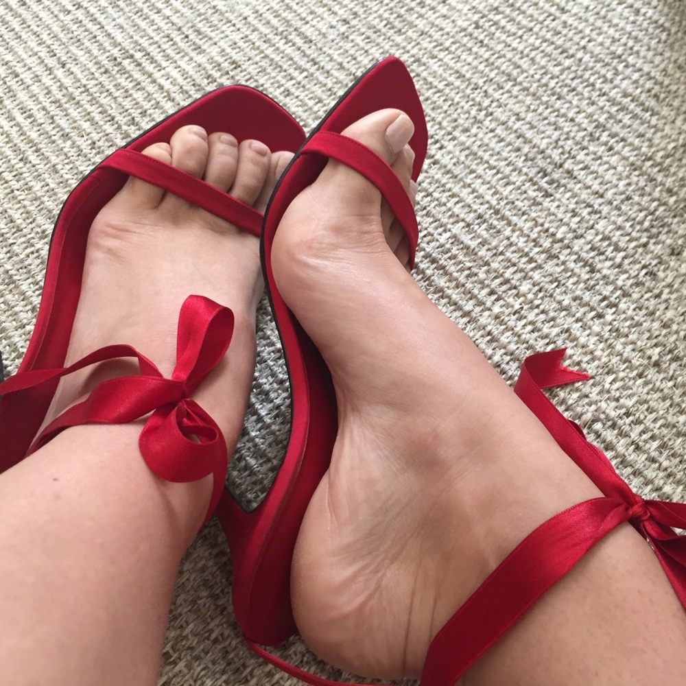 Red satin ankle tie sandals size 40